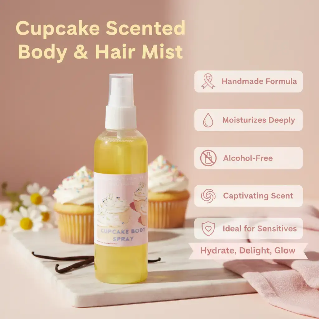 Handmade Hydrating Body Mist - Cupcake Scent, Alcohol-Free Body & Hair Spray, Gentle on Hair, Sensitive-Safe, Water-Glycerin Base, Daily Moisturizer, Single Bottle