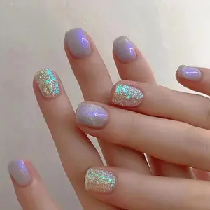 Glitter Fake Nails Kits with Nail File & Adhesive Tab, 24pcs Short Square False Nails for Women & Girls DIY Nail Art, Glittering Fake Nails, Effortless Press on Nails Manicure Set