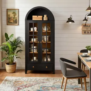 CAODOC Arched Cabinet with Glass Doors, Wood Display Cabinet with Drawer and Adjustable Shelves, 67” Tall Bookshelf Modern China Storage Kitchen Pantry for Living Room,Office