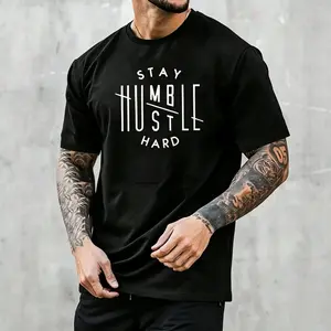 Men's "Stay Humble Hustle Hard" Graphic T-Shirt, Black Motivational Quote Casual Tee, Streetwear Style Top