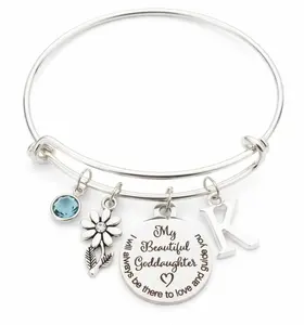 Personalized Goddaughter Charm Bracelet - Expandable Silver Plated Bangle with Custom Initial & Birthstone - Perfect Confirmation Gift