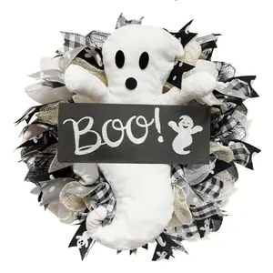 Spooky Halloween Popcorn Wreath - Cute Ghostly Sound Effect Decor with "boo!" Design, Black & White Fabric, Perfect for Door & Window Scenes, Festive Home Decoration, Halloween Decorations