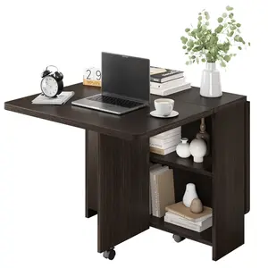 FoldingTable, Black Drop Leaf Dining Table with 6 Wheels, Space Saving Table with 2-Layer Storage Shelf for Small Spaces (Dark Walnut, 50.1" D x 31.4" W x 29.5" H)