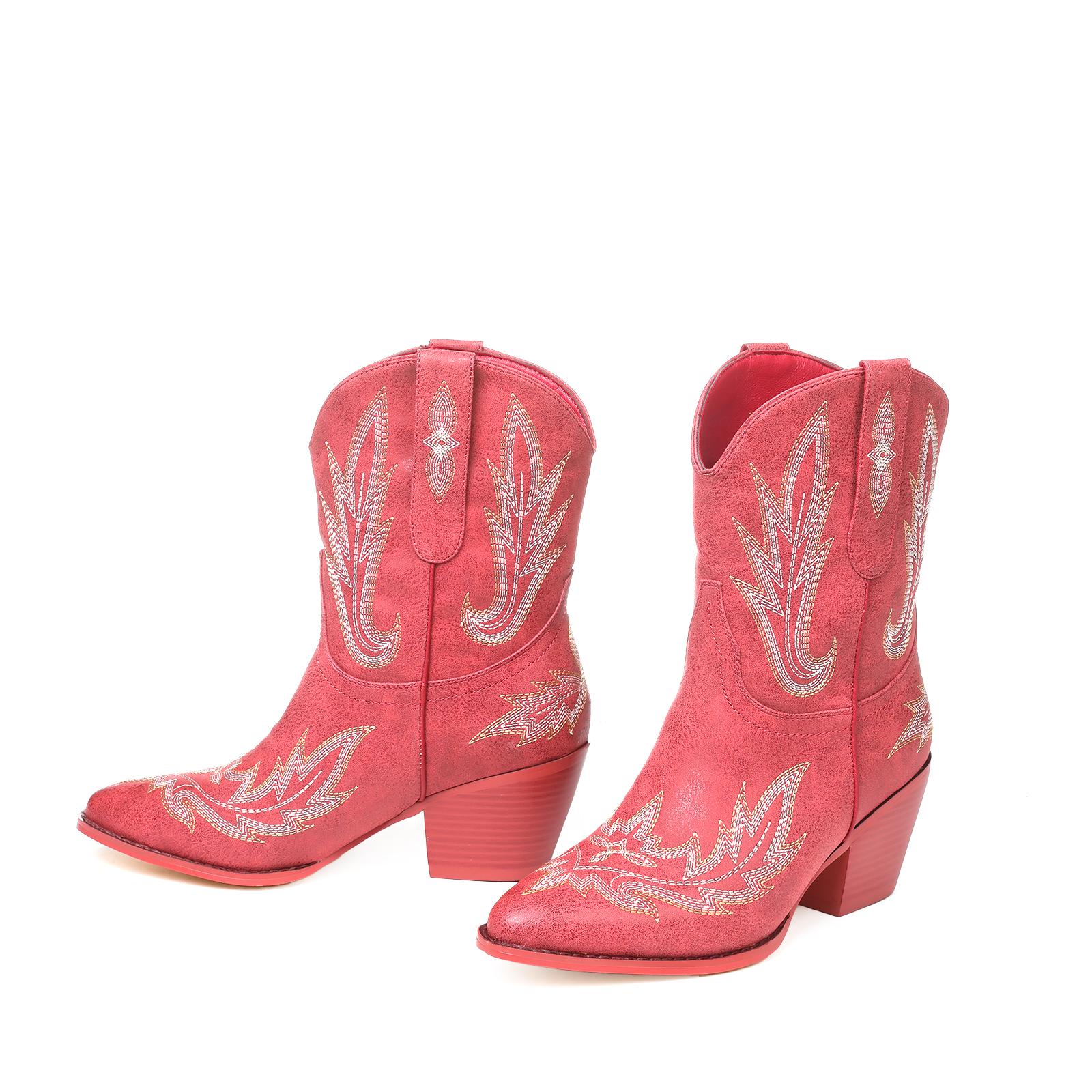 CELNEPHO Women Cowboy Boots Pointed Toe Block Heel Ankle Booties Western Embroidered Design Easy Pull on Tabs Cowgirl Boot Gift Horse Ridding Country Wedding Dress Shoes