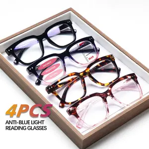 4-Pack Progressive Multifocal Blue Light Blocking Reading Glasses Designed for women with stylish printed frames,oversized silhouettes.Features spring hinges and three adjustable vision settings to accommodate diverse needs.The perfect holiday gift choice