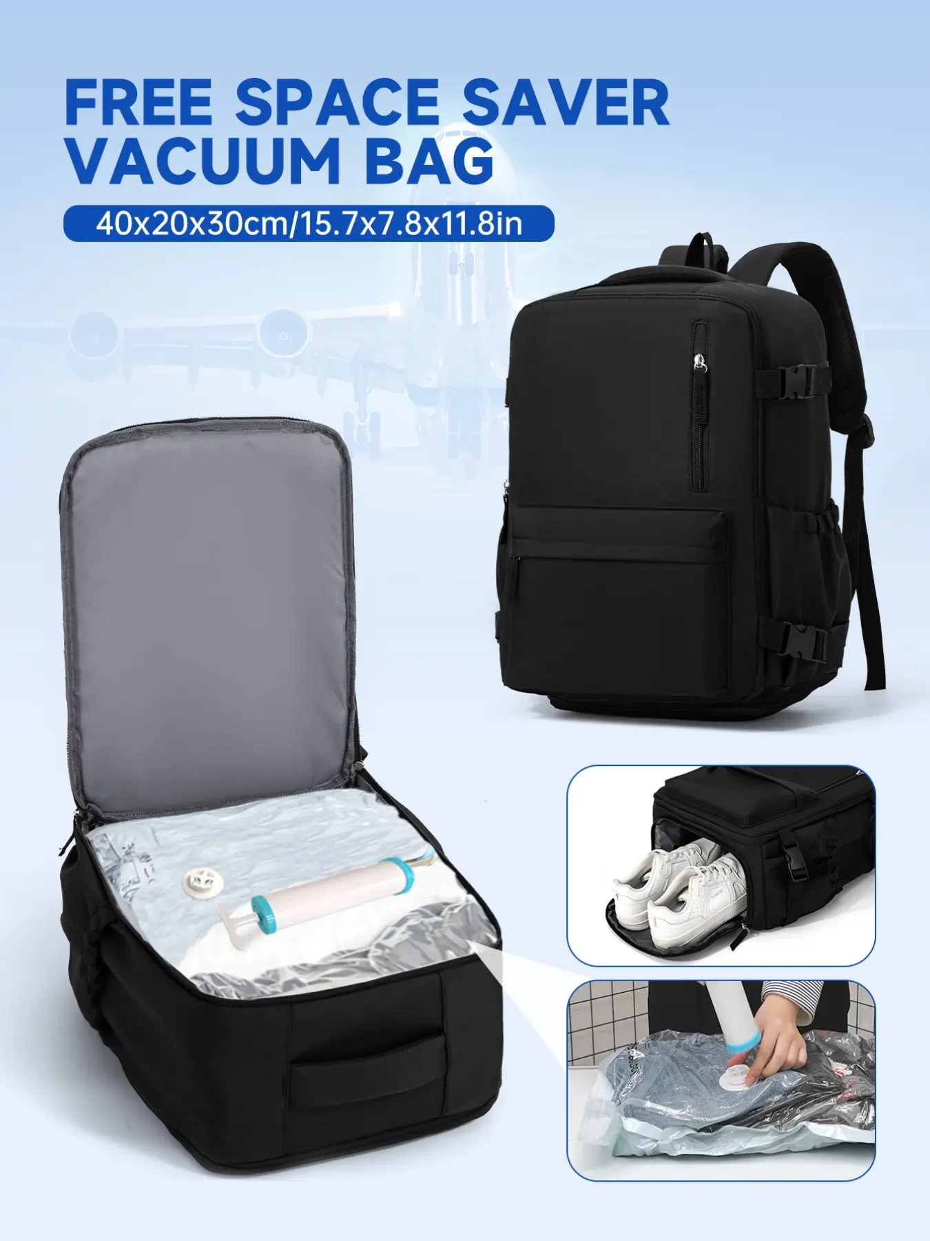 Travel Luggage Vacuum Compression Travel Backpack with Vacuum Pump Set, Portable Travel Bag, Trip Bag, Cabin Bag 40x30x20, Carry-on Hand Luggage, Under-seat Cabin Bag, Travel Lightweight Bag, Space Saving Bag, Carryon Backpack for Travel