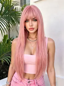 30-Inch Long Straight Synthetic Pink Wig with Bangs, Heat-Resistant Long Hair Wig for Women, Ideal for Daily Use, Cosplay, Parties, Holidays, Synthetic Wigs
