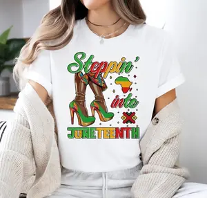 Women's "Steppin' Into Juneteenth" Short-Sleeve Casual Round Neck T-Shirt, Drop-Shoulder Top with Heels & Africa Colors, Afrocentric Summer Graphic Tee for Cultural Celebrations