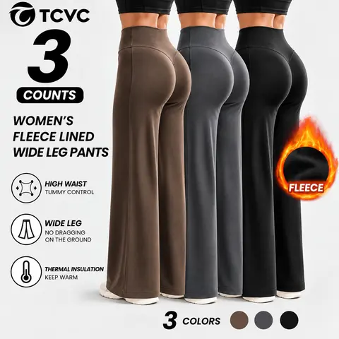 TCVC Women's Fleece Lined Wide Leg Pants,High Waisted Soft Thermal straight Leg LoungePants, Warm Winter Pants for Casual, Travel & Daily Wear
