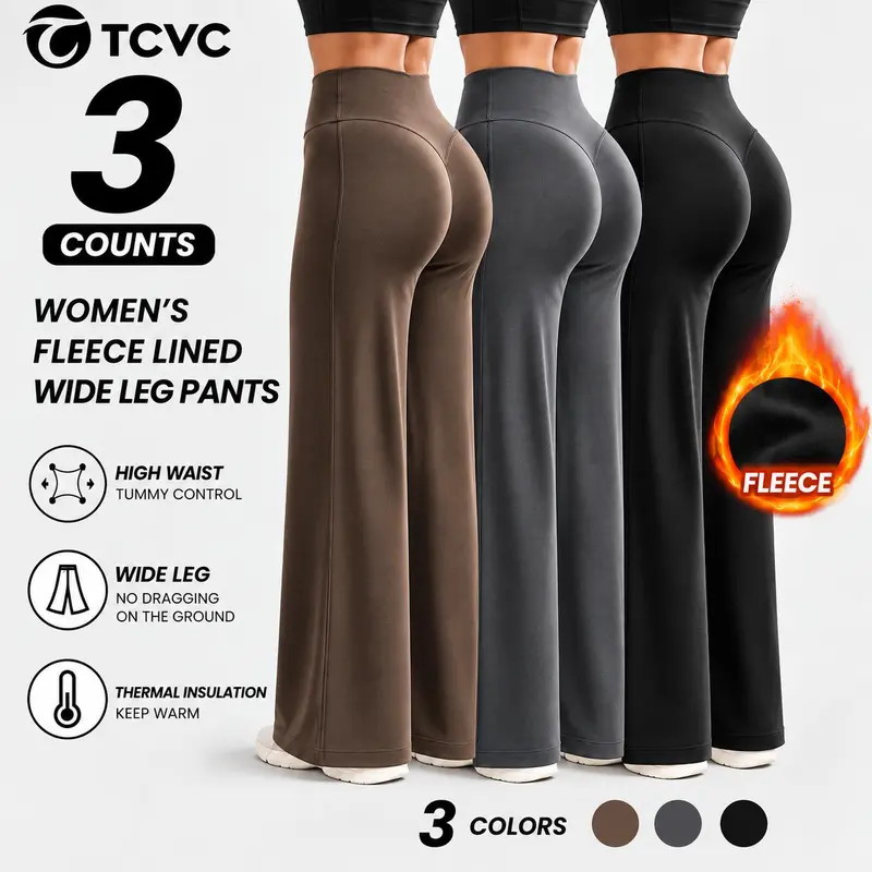 TCVC Women's Fleece Lined Wide Leg Pants,High Waisted Soft Thermal straight Leg LoungePants, Warm Winter Pants for Casual, Travel & Daily Wear