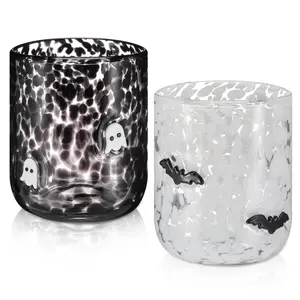 2 Pcs Halloween Icon Juice Glasses Ghost Pumpkin Element Double Old Fashioned Hand Blown Drinkware Stemless Coffee Juice Fall Cups for Family Friend Bestie Girls for Boo Basket Ideas Spooky Season Fall Gift Table Centerpiece Kitchen Party Decor