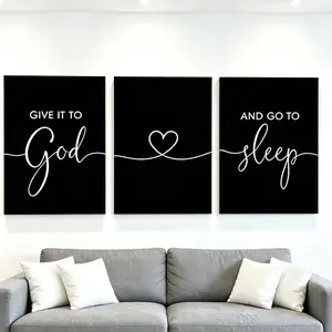 Scripture Canvas Wall Art Set - 3-Piece Black & White Wood Print Wall Arts, Artistic "Give It to God and Go to Sleep" Home Decor