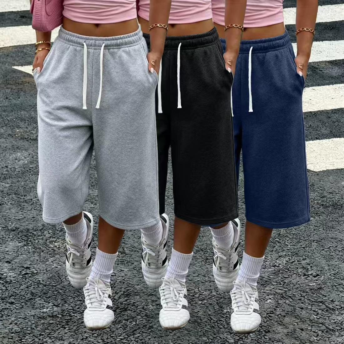Women’s 1–3-pack solid-color three-quarter wide-leg loose pants — with pockets, elastic waistband, lightweight fleece fabric, summer casual basic pants — without pockets Women’s 1–3-pack solid-color three-quarter wide-leg loose pants — with pockets, elastic waistband, lightweight fleece fabric, summer casual basic pants — without pockets