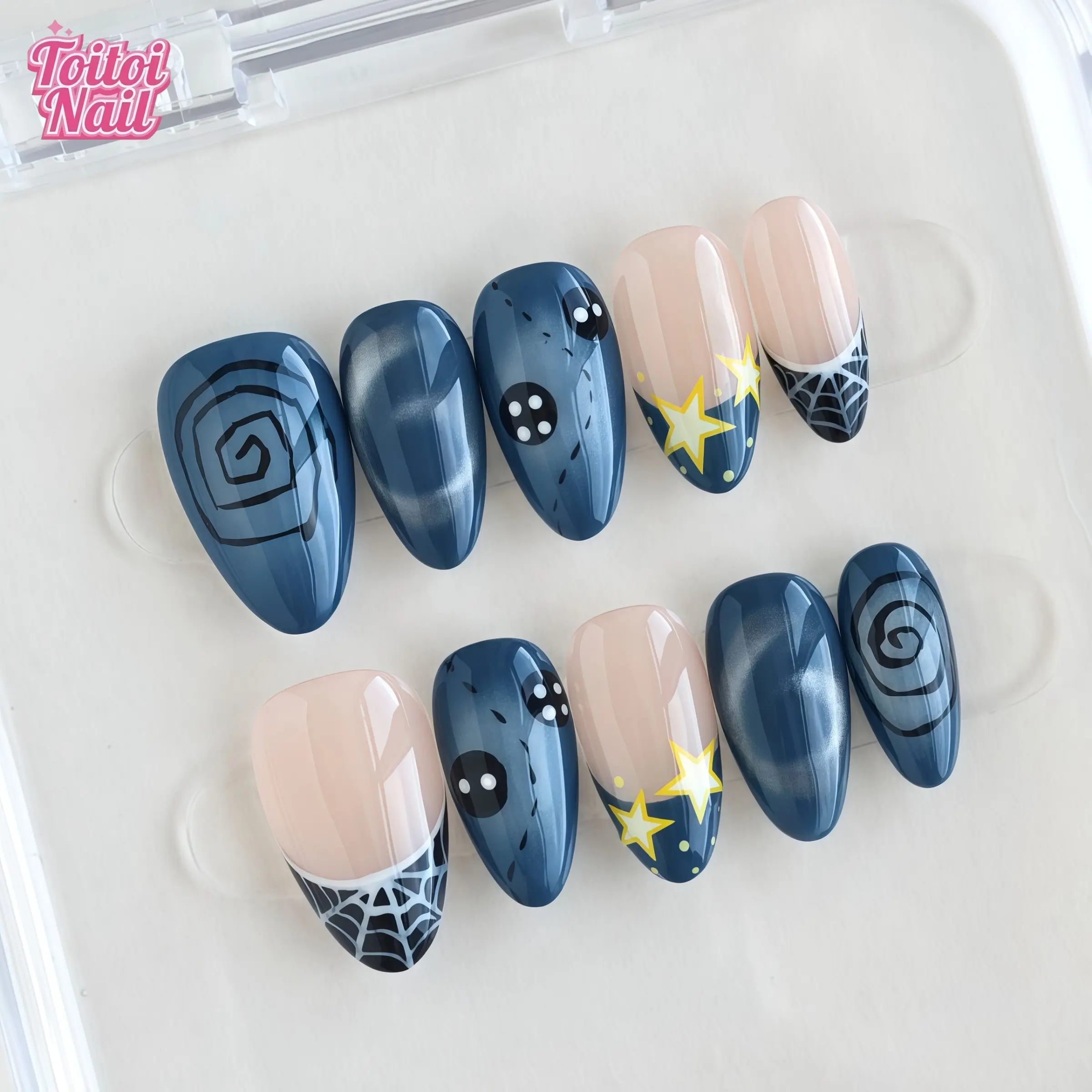 Spider Star Handmade Press-On Nails, Decorative Nails, Nail Art Set, Short Almond Shape, 10pcs, Y2K Galaxy Spider Web Design, Blue Gray Gradient & Spider Web/Star Accents, Reusable DIY Nail Kit for Women, Trendy Nails for Spring, Summer, Parties & Daily