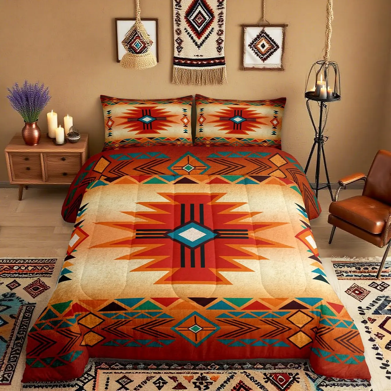 Western Bedding Set,Southwest Comforter Set Women Men,Aztec Tribal Bohemian Quilt Set Vintage Geometric Striped Orange Red Rustic Duvet Insert Bedroom Decor