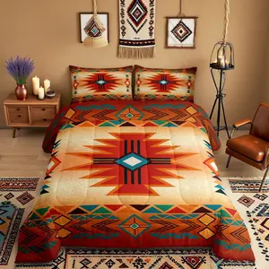 Western Bedding Set,Southwest Comforter Set Women Men,Aztec Tribal Bohemian Quilt Set Vintage Geometric Striped Orange Red Rustic Duvet Insert Bedroom Decor