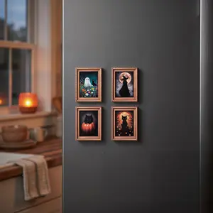 Spooky Chic Refrigerator Decor, Retro Framed Halloween Magnets 4 Pack, Creative Housewarming Gift for Spooky Season and Everyday Use