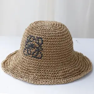 Handmade High quality letter embroidery Sun Hat Wide Brim Floppy Summer Hats For Women Beach Panama Straw Dome Bucket Hat