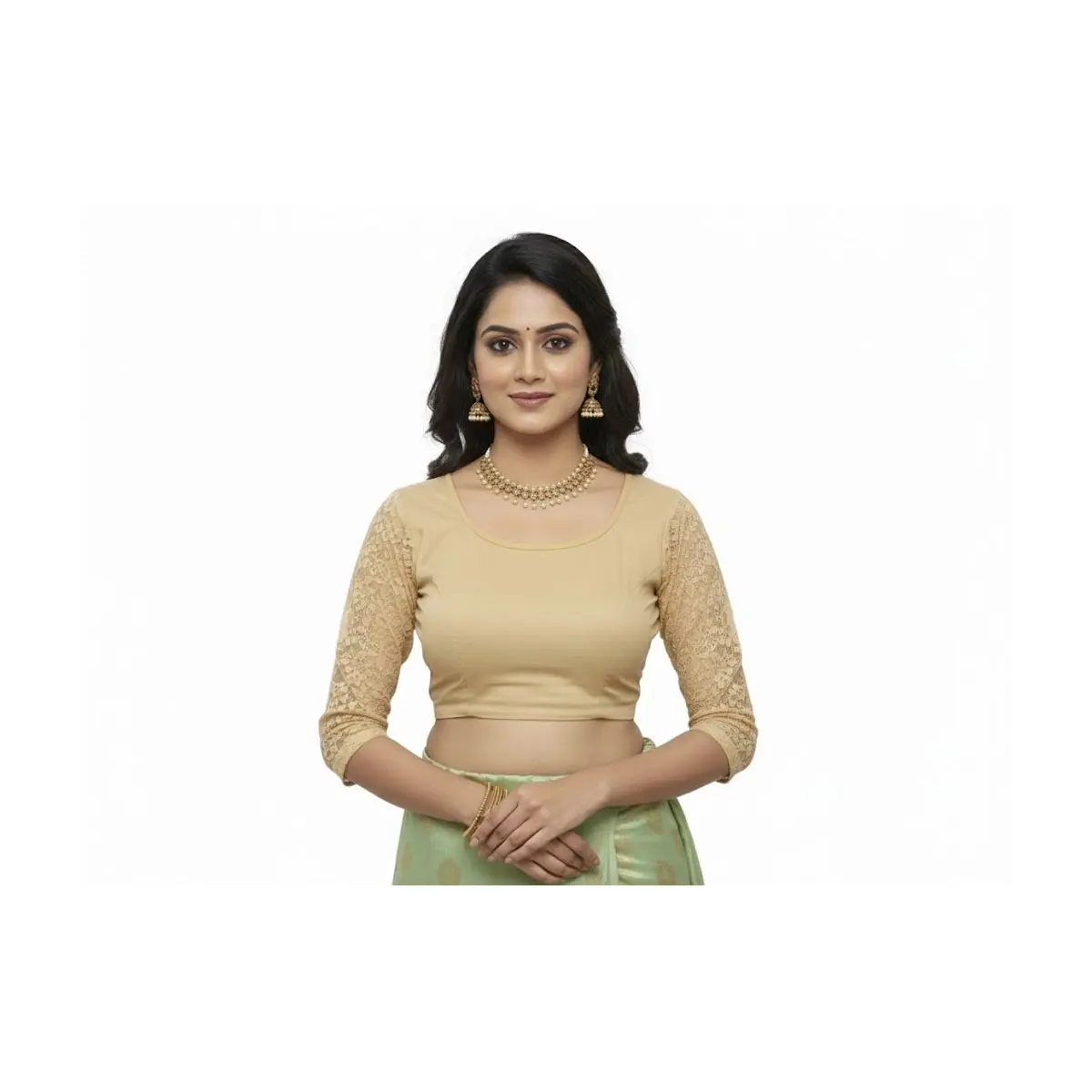 Champagne Beige Stretch Blouse with Lace 3/4 Sleeves  #Gargi _Blouse