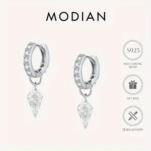 Elegant MODIAN 925 Sterling Silvery Hoop Earrings with Sparkling Cubic Zirconia Charm - Hypoallergenic, Perfect for Parties & Vacations