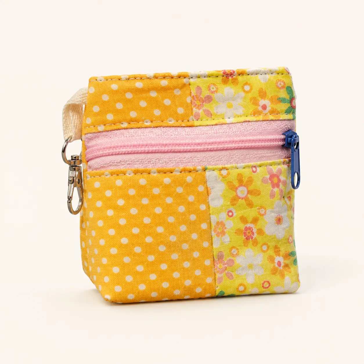 Handmade Standing Zipper Pouch – Yellow Polka Dot & Yellow Floral / Pink Zipper
