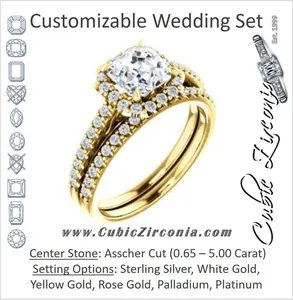 CZ Wedding Set, featuring The Sunshine engagement ring (Customizable Asscher Cut Halo Design with Vintage Cathedral Trellis and Thin Pavé Band)