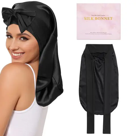 AWAYTR 100% Real Mulberry Silk Bonnet - Adult Adjustable Elastic Straps Nightcap with Daily Tie Band, Breathable 21" Wrap, Anti-Frizz Tangle Free Natural Hair Care for Braids, Pink Black Gift Accessory Hat