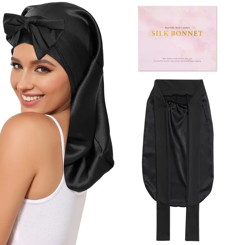 AWAYTR 100% Real Mulberry Silk Bonnet - Adult Adjustable Elastic Straps Nightcap with Daily Tie Band, Breathable 21" Wrap, Anti-Frizz Tangle Free Natural Hair Care for Braids, Pink Black Gift Accessory Hat