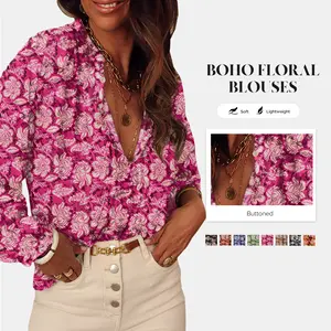 Shewin 2026 Spring/Summer Women’s Going Tops Boho Floral Chiffon VNeck Buttoned Long-Sleeve Blouse – Casual Spring Pink Top with Allover Floral Print for Womenswear, Multi-Color Options Longsleeves Fit