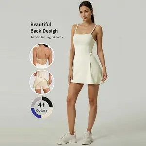 Women's Spaghetti Strap Tennis Dress — Square Neck, Backless, Side Slit Athletic Dress for Golf, Gym & Casual Sports