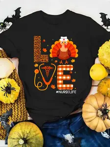 100% Cotton Women T-shirt Thanksgiving Fall Nurse Shirt Women Love Turkey Nurse Life T-Shirt  Print Round Neck Short Sleeve T-Shirt For Women Casual, Summer, Women Top Graphic Tees Women Tops