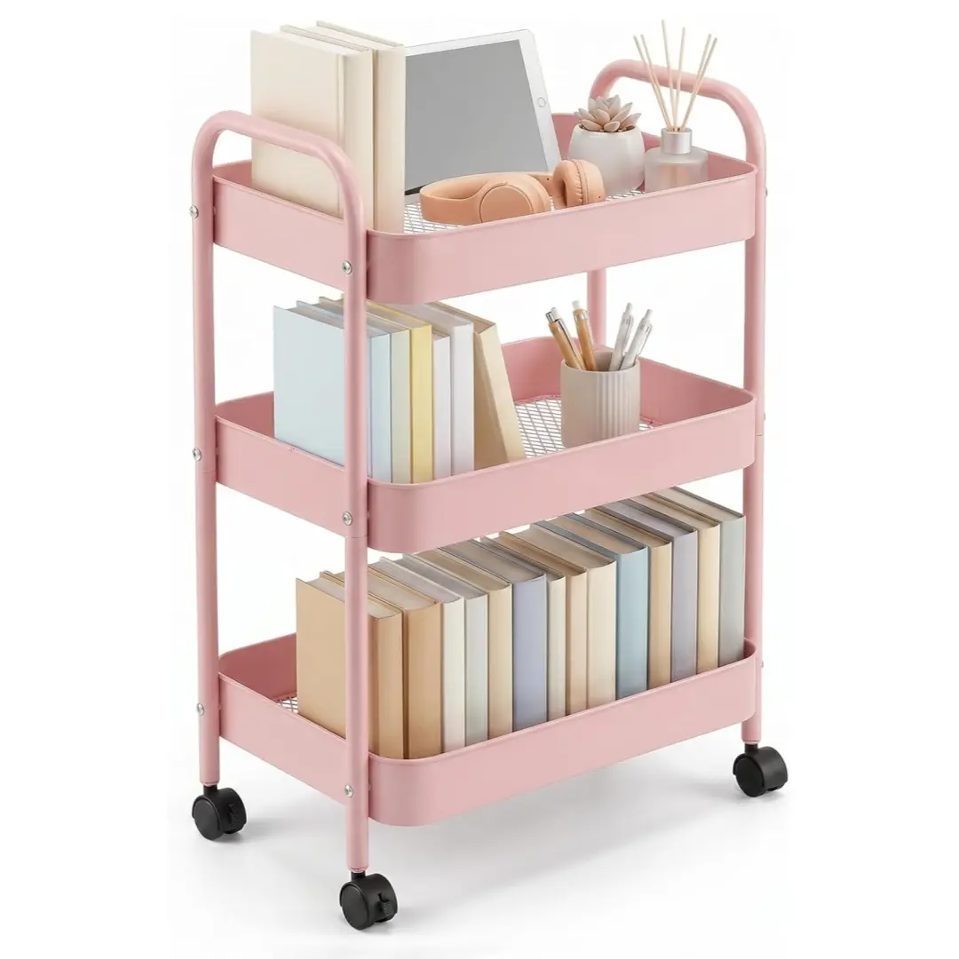3 Tier Mobile Storage Cart, Heavy Duty Metal Rolling Utility Organizer with Locking Wheels and Double Handle, Multi Functional Trolley Shelf for Kitchen, Space Saving Multi Purpose Cart for Small Spaces, Laundry Room and Home Organization