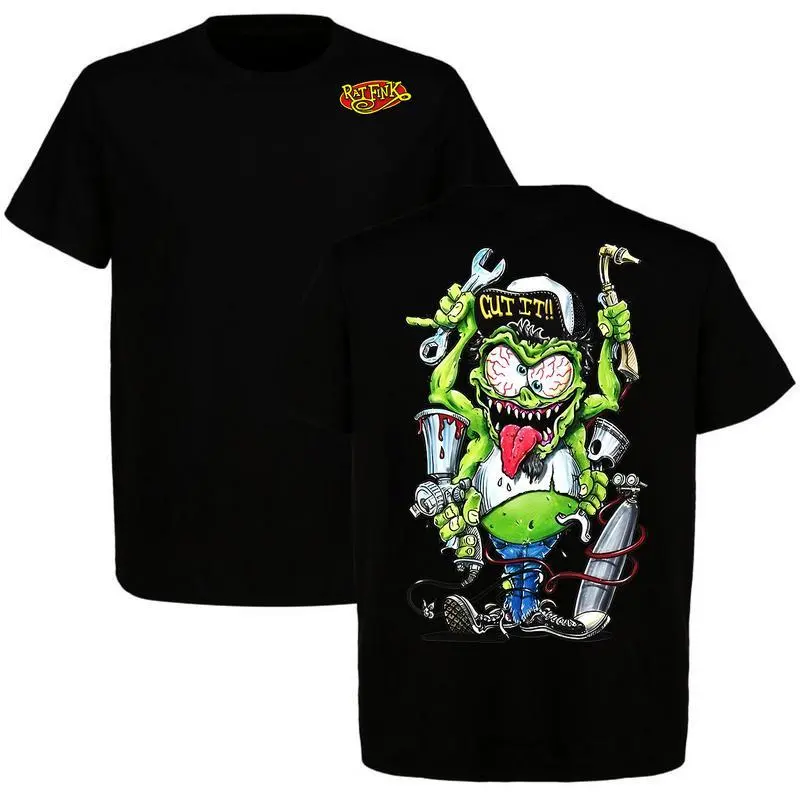 Retro Rat Fink Graphic Short T-Shirt - Digital Print, Casual, Embroidered Cotton Fabric, Vintage Racing Team Style, Classic Fit, Unisex Top for Car Enthusiasts, Soft & Comfy, Images Do Not Peel or Fade, Streetwear, 2Xl, 3Xl