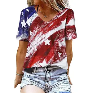 Womenswear American Flag T Shirt Women USA Star Stripes Fourth July Tee Shirts Casual America Flag Print V Neck Tee Tops Fitted Summer Comfort Shortsleeve Vneck