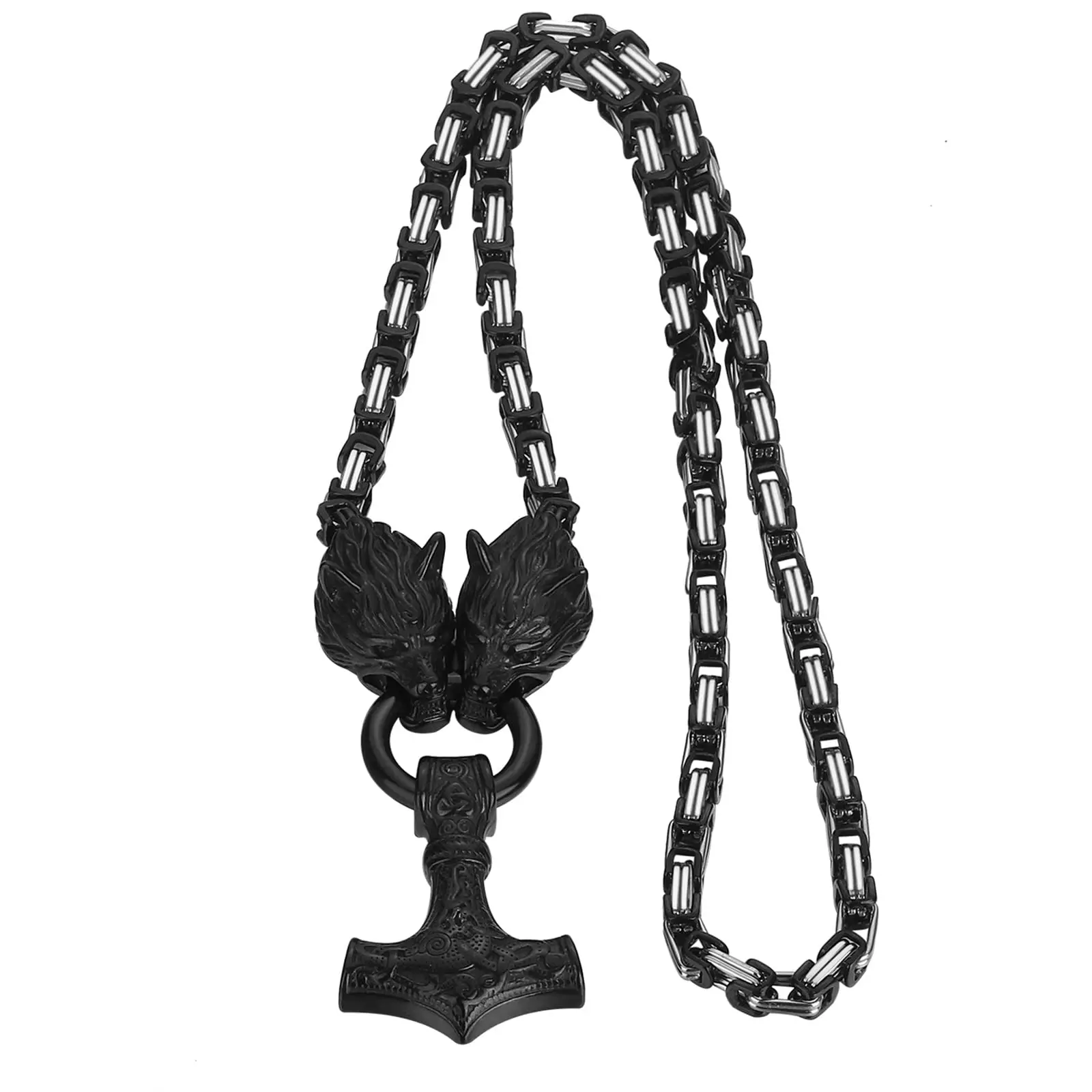 Stainless Steel Viking Mjolnir Hammer Charm Necklace, 22-in Wolf King Chain & Link Chains, Norse Pagan Amulet, Men's Costume Jewelry Accessory Gift for Boyfriend summerwins,