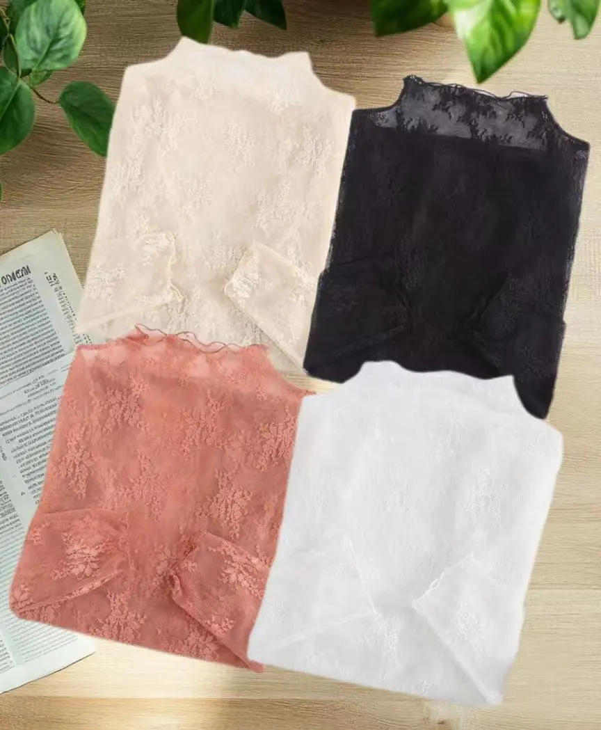 3pcs Black+Caramel+Apricot New High-end Lace Bottoming Shirt Women's Right-fitting Long-sleeved Mesh Top Inner Shirt Unique design, Cuffs Fungus Lace Basic