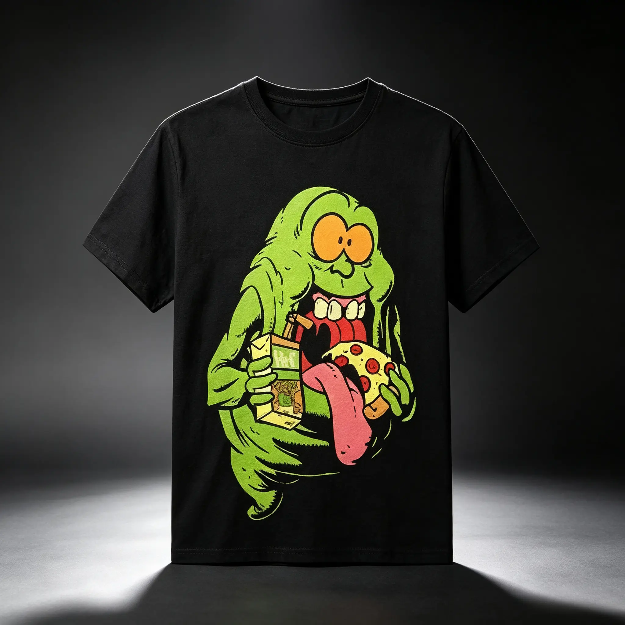 Slimer Ghostbusters Foodie American Retro Black Short-Sleeved Unisex T-Shirt, Cartoon Ghost Graphic with Pizza & Juice, Casual Streetwear for Movie & Comedy Enthusiasts, Unique Quirky Pop Culture Fashion Statement Piece Funny Thanksgiving Crew Neck Cotton