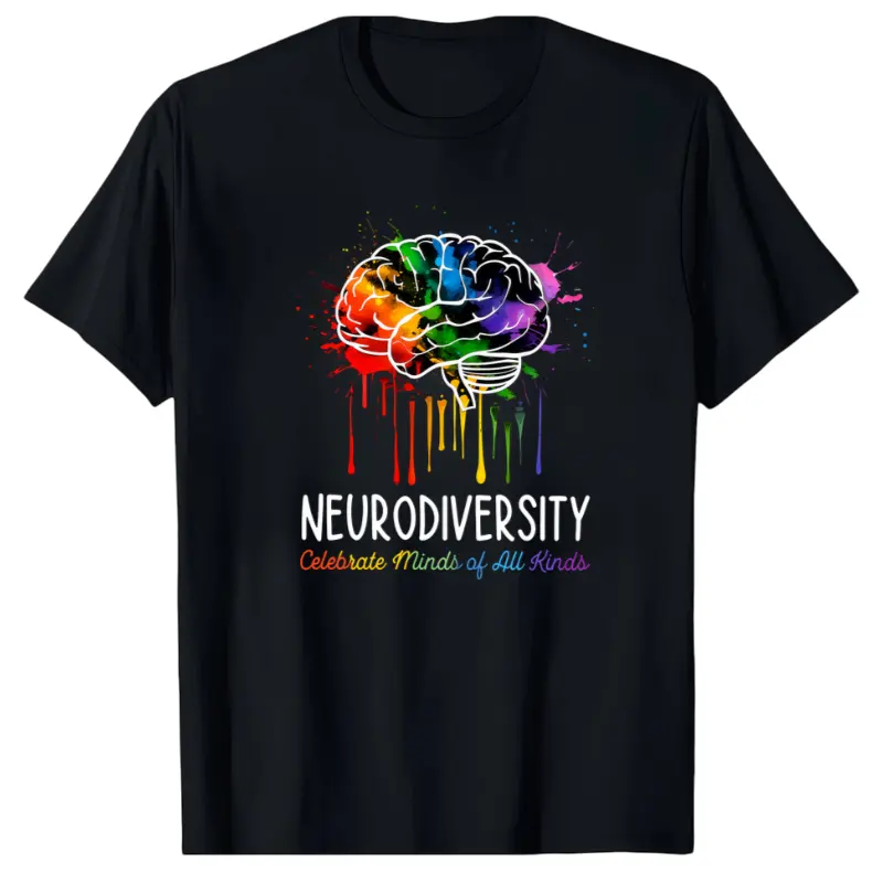 Neurodiversity T-Shirt, Colorful Brain Graphic Tee, Celebrate Different Ways of Thinking, Autism Awareness Apparel, Mental Health Support Shirt, Funny Gift for Teacher, Women Men Unisex Casual Short Sleeve Crewneck Top (S-5XL)