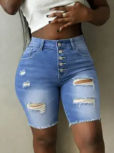 Button Front Unique Ripped Cut Denim Shorts, Medium Wash, High Stretch Comfort, Fitted Not Tight, Durable Streetwear, Mid Waist, Frayed Hem