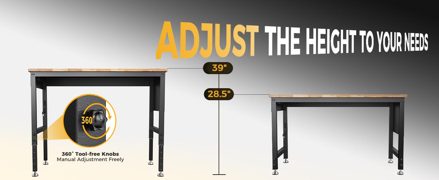 CAMMOO 47.64" Adjustable Heavy Duty Workbench, 2000 LBS Load Capacity Rubber Wood Work Table with Pegboard, Power Outlets, Work Bench for Garage, Workshop, Office, Home, Commercial