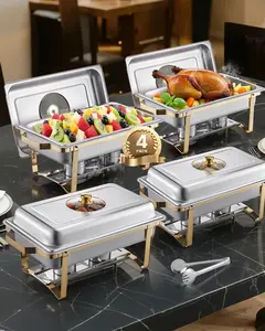 8 Qt 4-Pack Rectangle Chafing Dish Buffet Set With Full-Size Pans, Stainless Steel Gold Finish, Durable Food Warmer Chafer Trays For Catering And Events, Rectangular Frames, Lids, And Fuel Holders Included