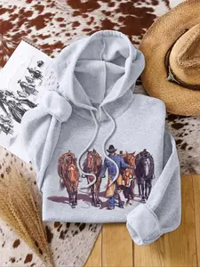 Women's Horse Print Drop Shoulder Hoodie, Casual Long Sleeve Graphic Hooded Sweatshirt for Fall & Winter, Women's Top for Daily Wear