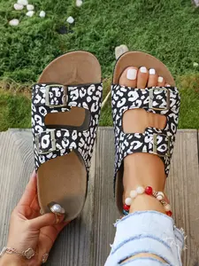 Fashion Leopard Print Mid Heel Slippers, Large Size High Rise Boosting Eu Code Cross-Border Export, Casual PU Leather Rubber Sole