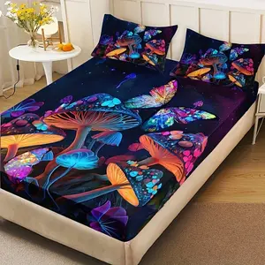 3pcs Fashion Farmhouse Butterfly Mushroom Bedding Set, High Definition Digital Print Sheet and Pillowcases, No Core Included