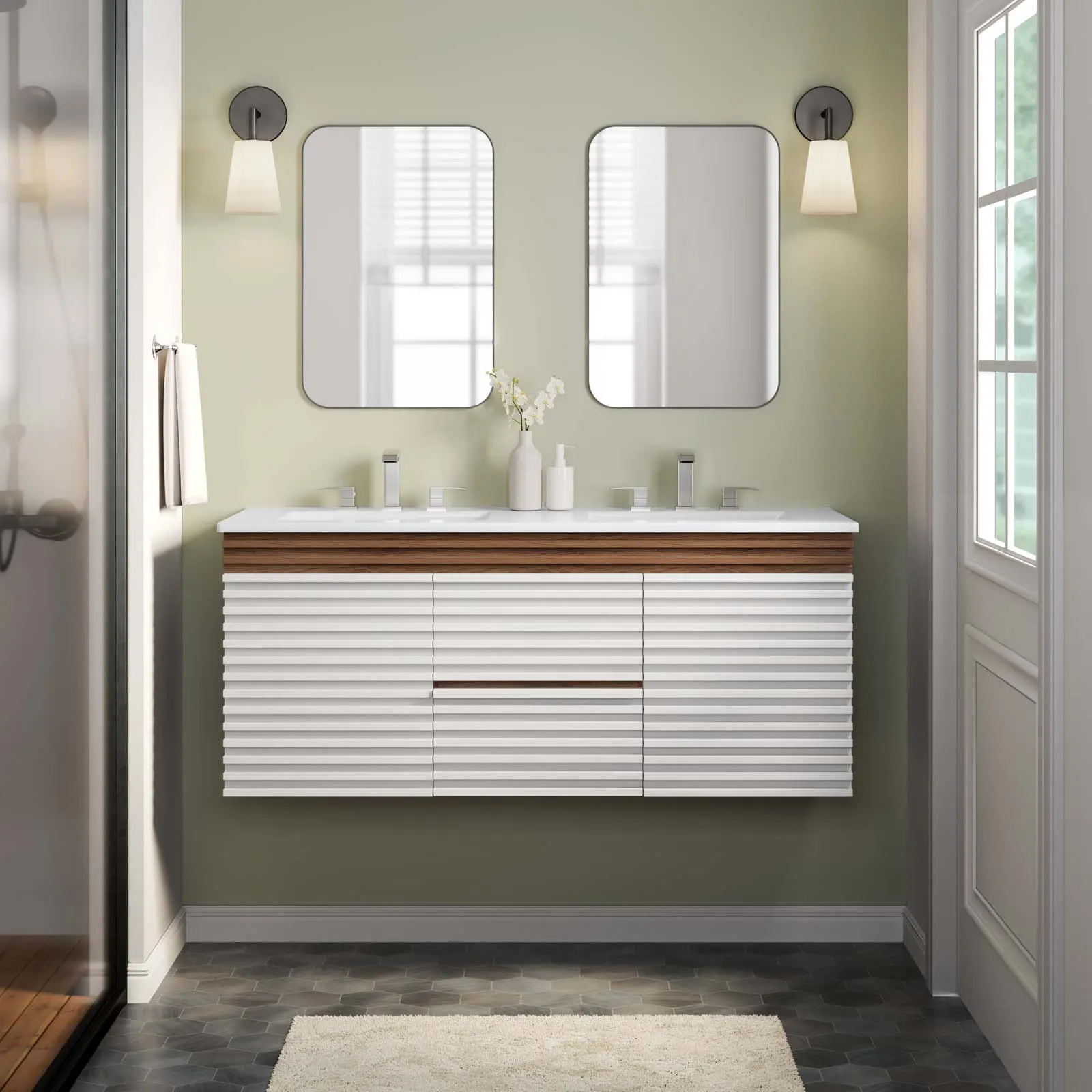 Modway Render 48" Wall-Hanging Modern Bathroom Vanity Set - White Walnut White, Durable MDF & Particleboard Frame, Ceramic Countertop, Included Faucet
