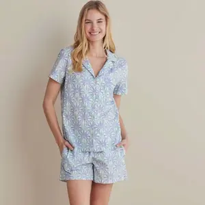 Printed Poplin Women's Shorts Set - Blue Palm 3