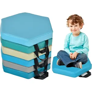 6 Pcs 15" Hexagon Blue Floor Cushions for Kids, Thick PU Leather Waterproof Flexible Seating with Detachable Cover & Handle, Floor Pillow for Classroom Daycare Preschool Home