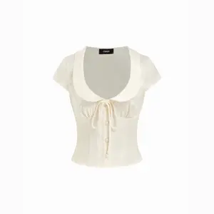 Cider Satin Peter Pan Collar Knotted Crop Blouse