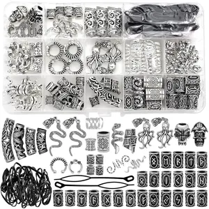 207Pcs Viking Hair Jewelry Nordic Runes Tube Beads,Accessories Kit for Braids Dreadlock Beard Locs,Metal Clips Cuff Rings,Braiding Beard Decoration Bracelets Pendant Necklace DIY Silvery