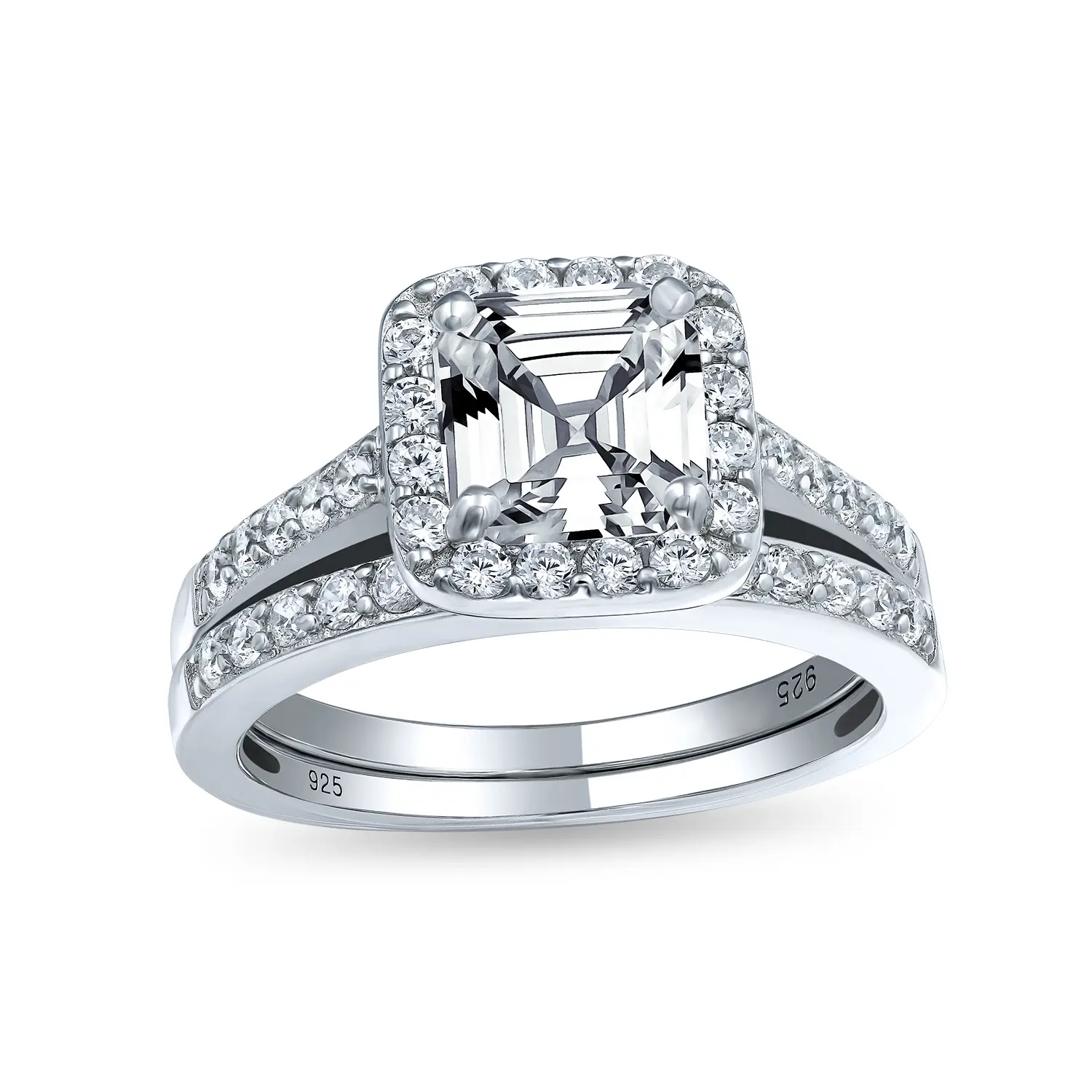 2CT Square Solitaire Asscher Cut CZ Halo Band Ring Set